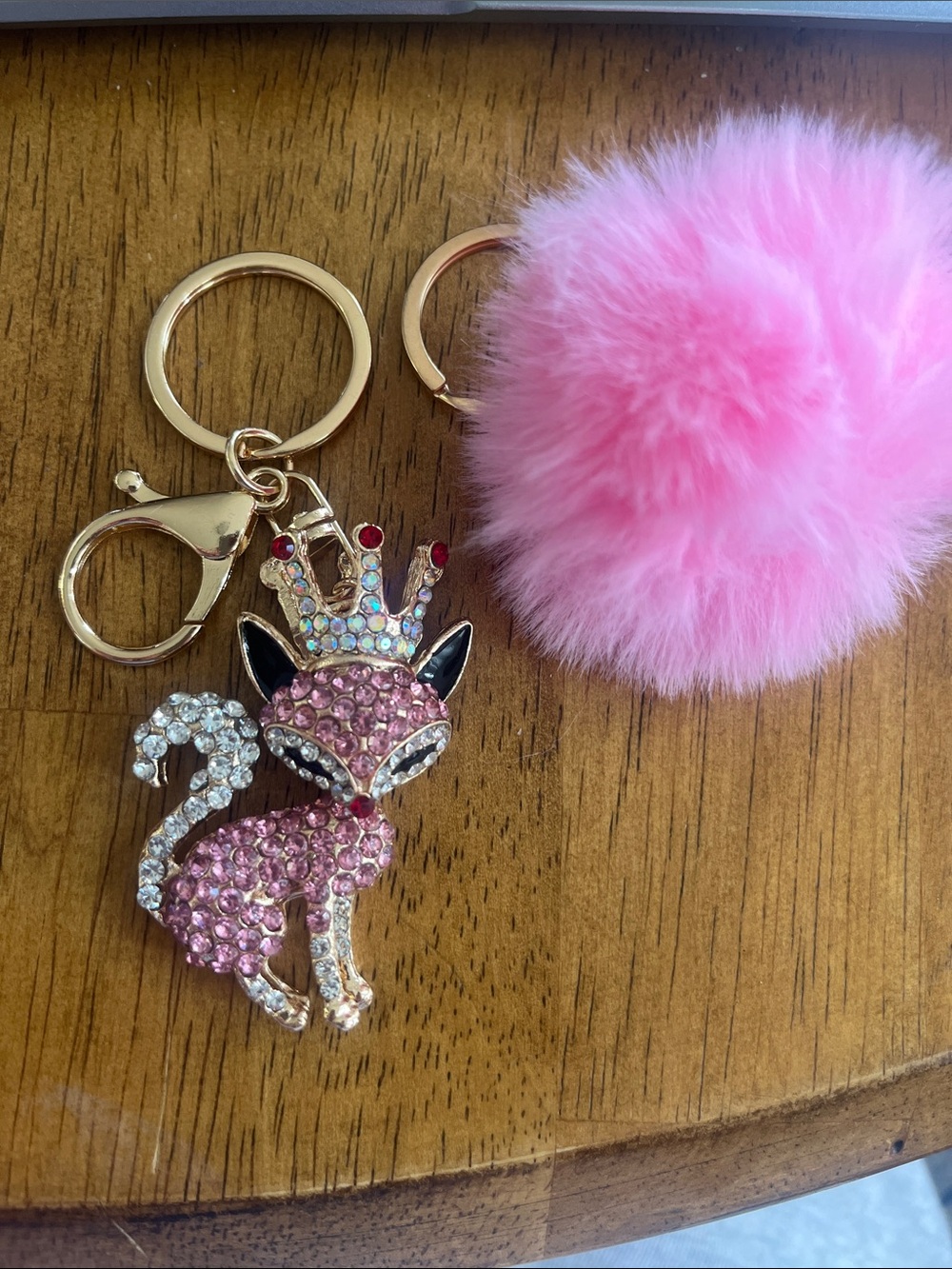 Pink Rhinestone Fox Keychain with Pink Pom Pom